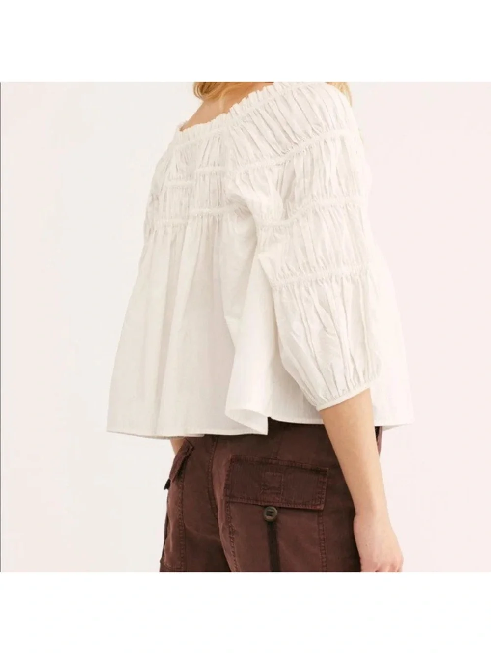 Free People CeCe Poplin White Smocked Square-Neck Peasant Blouse size XS